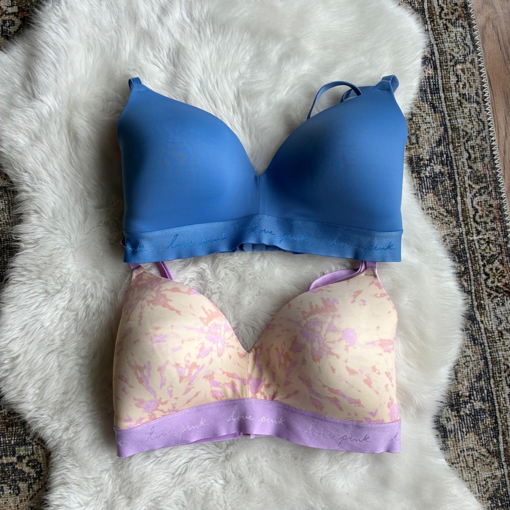 Victoria's Secret PINK Wear Everywhere Wireless Bra Bundle 34DD Blue Tie Dye 2PK